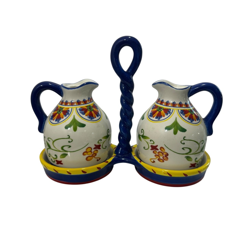Italian Style Ceramic Oil and Vinegar Cruet Set Olio Aceto Floral Hand Painted